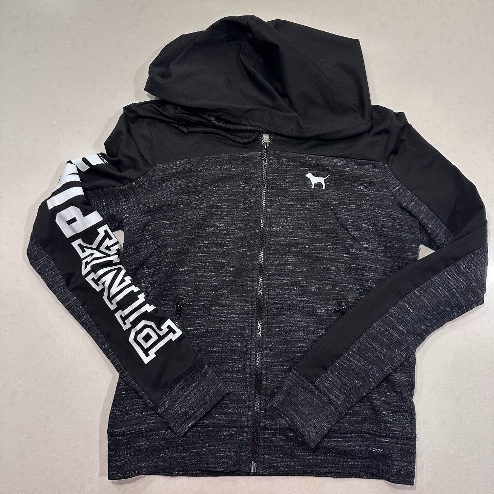 Victoria's Secret PINK Black & Grey Hooded Zip-up Sweatshirt, Size Medium